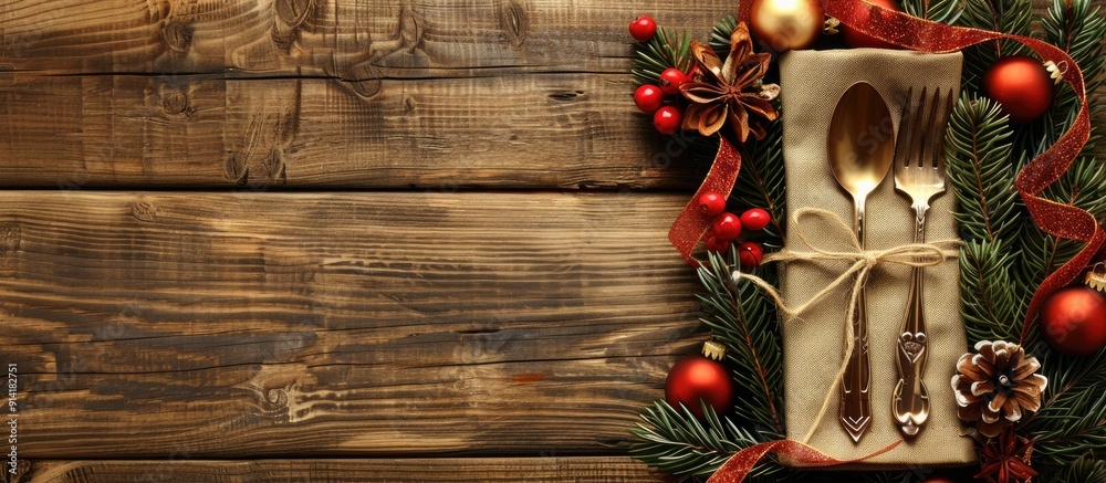 Poster Wooden background with Christmas adornments a ribbon tied cutlery set on a napkin and a copy space image for your design embodying a New Year theme