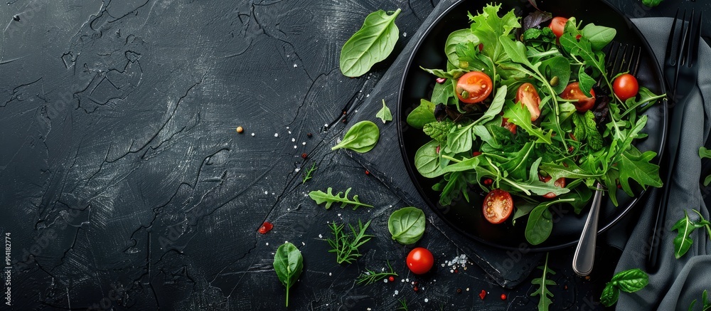 Poster top view of a fresh vegetable and leafy green salad on a black stone table with black cutlery and ba