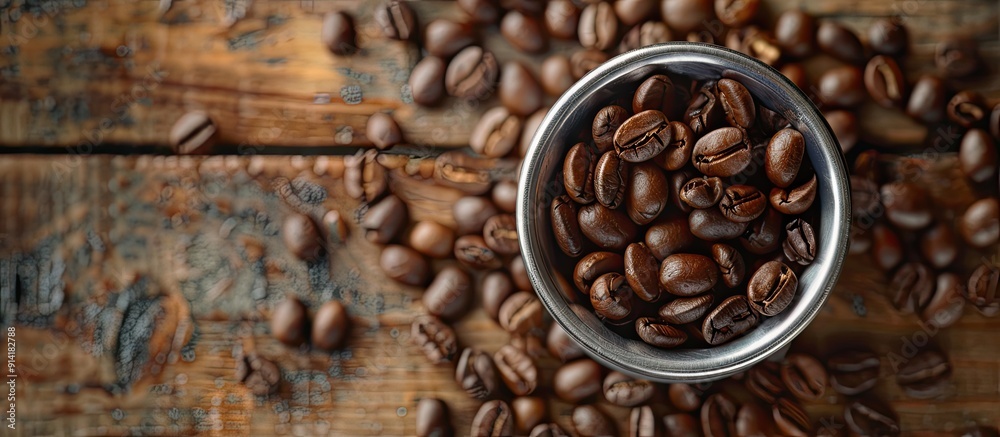 Fototapete a top view of a filter holder filled with coffee beans on a wooden kitchen table with more beans in 