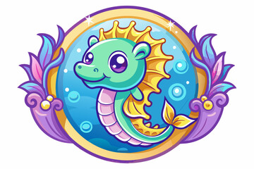 Fototapeta premium Cartoon Seahorse with a Golden Crown in an Ocean-Themed Frame