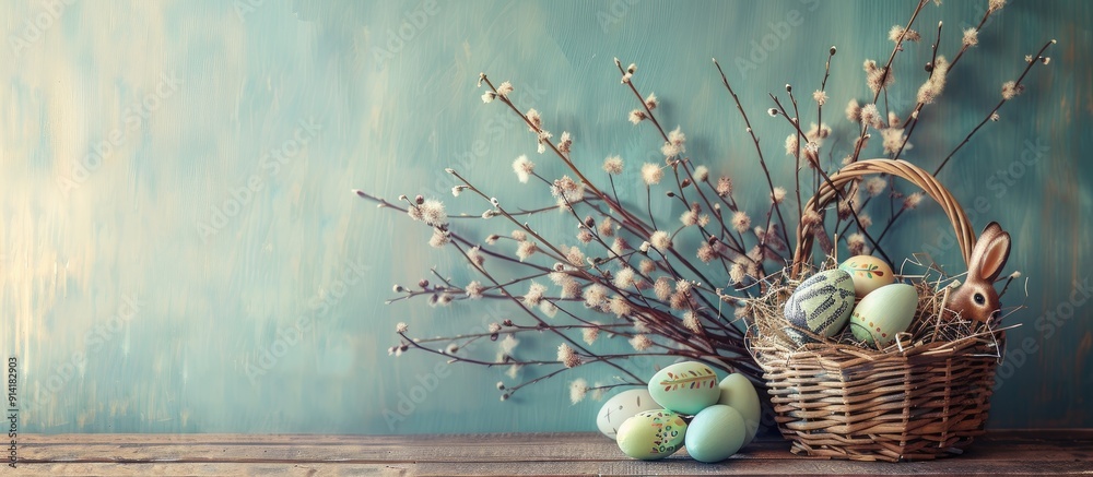 Poster easter themed basket with painted eggs bunny and willow branches on wooden backdrop with a copy spac