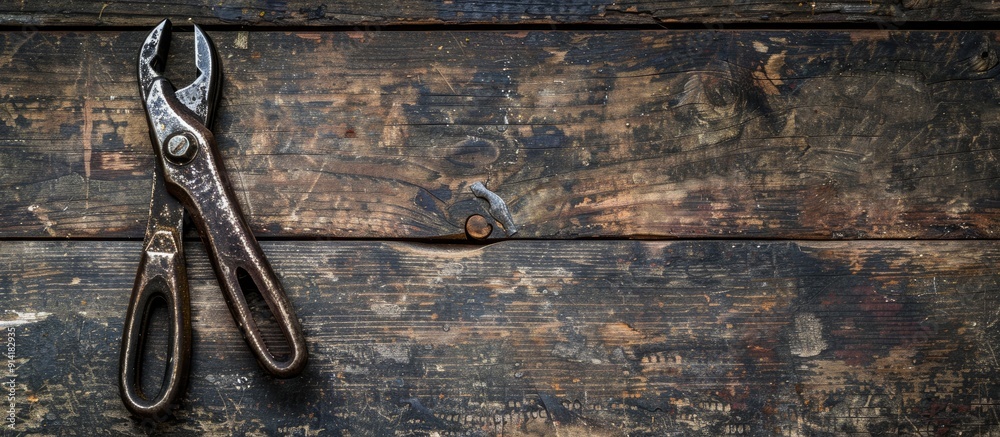 Poster vintage pliers displayed on a dark wooden surface with room for a copy space image