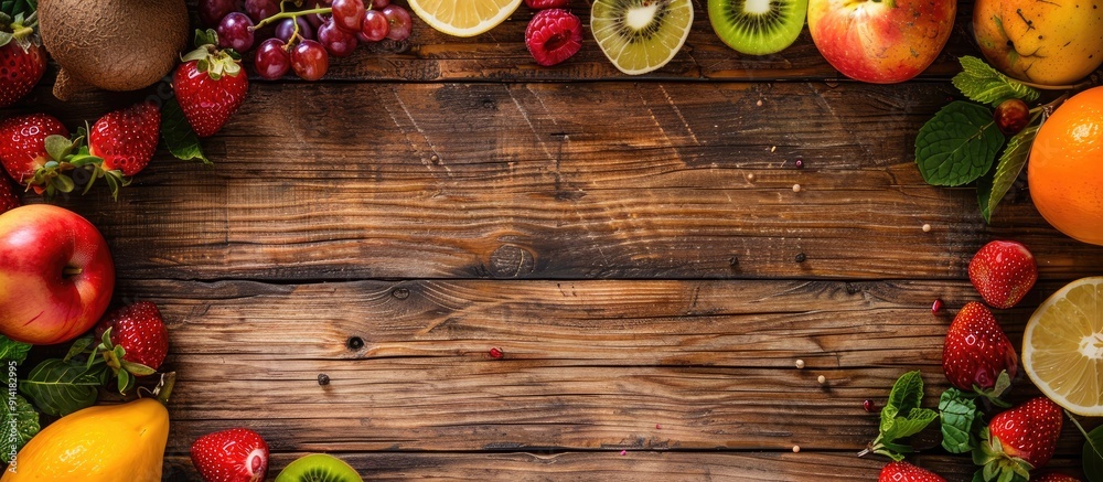 Aufkleber wooden table with a fruit frame is ideal for a copy space image emphasizing healthy food diet garden