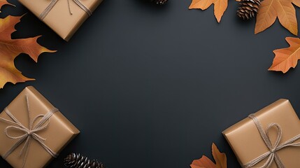 Wrapped gifts with twine sit among colorful autumn leaves and pinecones against a dark surface, capturing a seasonal celebration feel