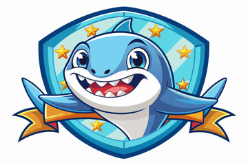 Cheerful Cartoon Shark with Star-Studded Shield and Banner