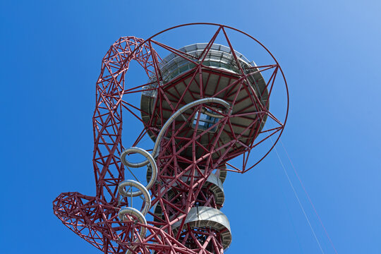 Looking up at the Orbit observation tower in Stratford on a sunny day. London - 2nd August 2020