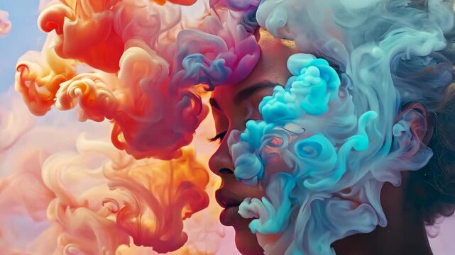 Dreamlike portrait of woman with colorful smoke swirls, abstract art concept