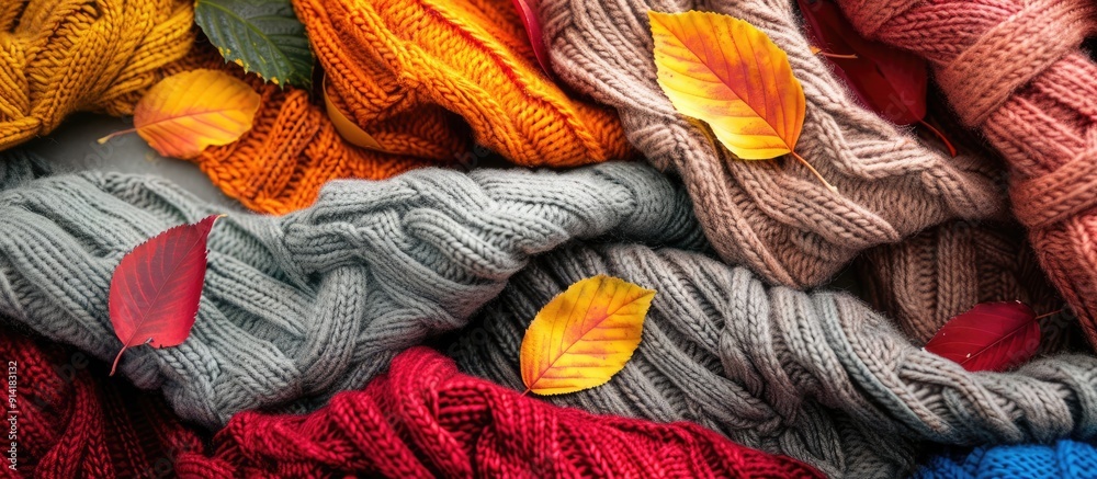 Poster In fall cozy sweaters are complemented by colorful leaves in a beautifully intertwined display capturing the essence of the season in a remarkable copy space image