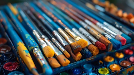 Obraz premium A collection of paintbrushes and tubes of paint are displayed on a table