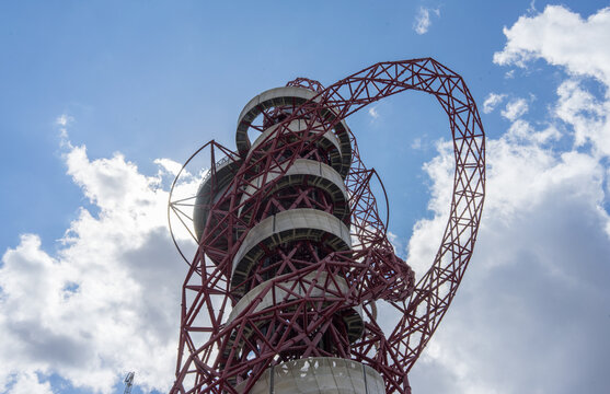 Looking up at the Orbit observation tower in Stratford on a sunny day. London - 2nd August 2020