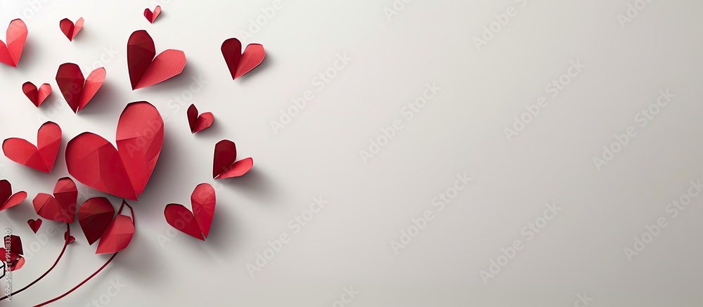 Leinwandbilder A romantic paper cut concept with red hearts on a white background designed as a Valentine s Day greeting card with ample copy space image from a top view