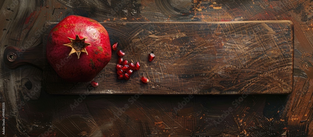 Aufkleber Top down view of a vibrant pomegranate peeled and ripe placed on a wooden board with a rustic texture in the background allowing for additional image content