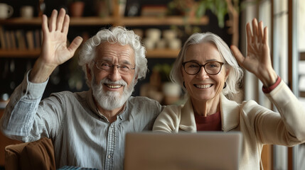 An elderly couple sitting in front of a computer greeting and smiling, video call to family.