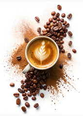 Coffee Mug and Grinded Coffee Beans Concept Photography Isolated on White Background