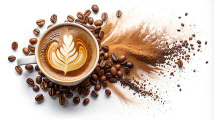 Coffee Mug and Grinded Coffee Beans Concept Photography Isolated on White Background