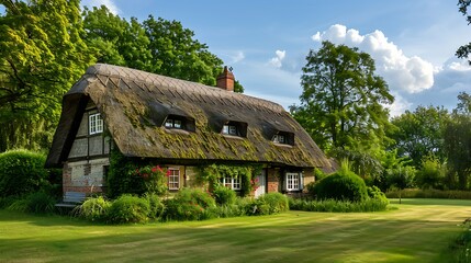 Obraz premium Charming Thatched Cottage Nestled in a Lush Garden