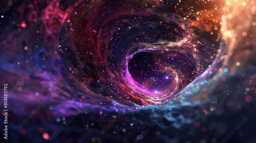 Poster a mesmerizing swirling galaxy with vibrant colors and cosmic elements, evoking wonder and exploratio