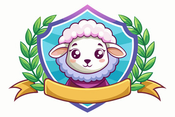Obraz premium Cute Cartoon Lamb with Green Leaves and a Blank Banner
