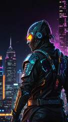 Fototapeta premium Watercolor Painting: Futuristic cyborg ninja, featuring neon light accents and intricate cybernetic details, set against a cityscape at night. --s 850 --ar 16:9