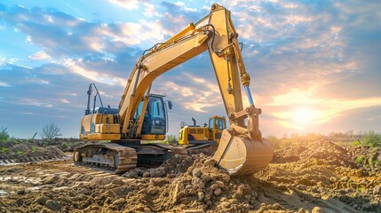 Excavator digging dirt against a sunset sky.