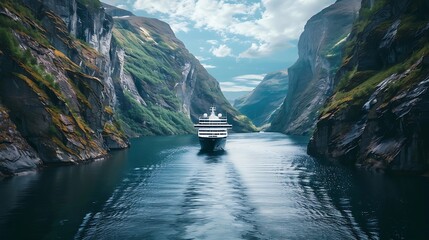 Cruise Ship Navigating a Majestic Fjord