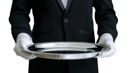 Butler holding silver tray 