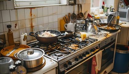 Kitchen in the house, stove with 5 burners, cooking, everything boils out of the pans, many pans, cozy kitchen, spacious, chaos, disorder