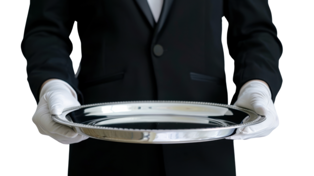 Butler holding silver tray 