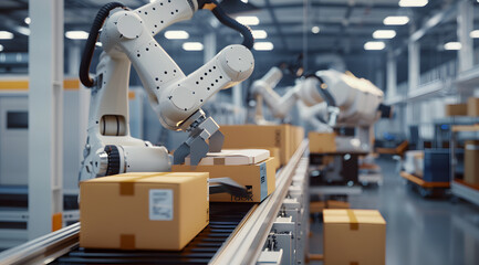 A robotic arm on a factory packaging line
