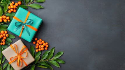 Wrapped gifts with twine sit among colorful autumn leaves and pinecones against a dark surface, capturing a seasonal celebration feel