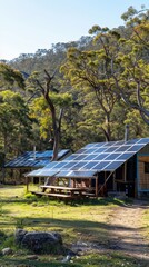 Fototapeta premium A cabin with solar panels nestled in a green forest setting, showcasing eco-friendly energy use in a serene environment
