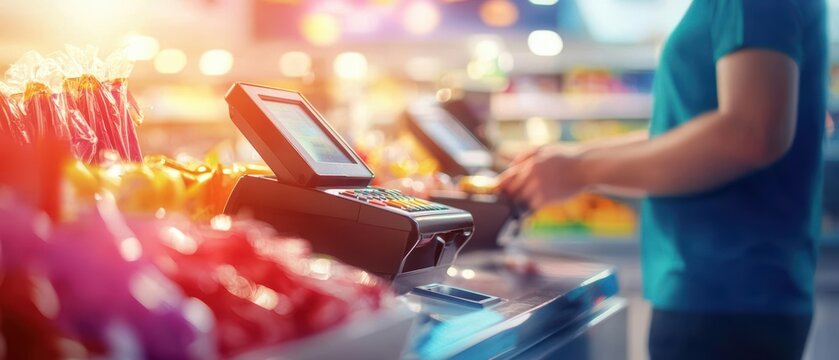 A cashier uses a POS system to scan groceries in a busy supermarket.