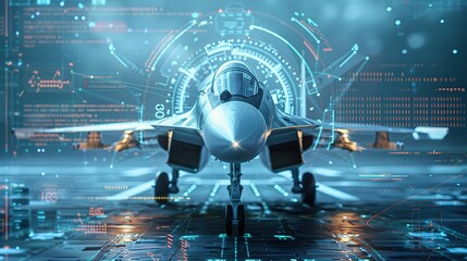 concept of aviation technology advancement, military aircraft with digital radar interface 