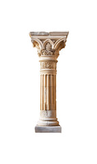 Fototapeta premium Medieval pillar with decorative features. Ancient Roman column design. Isolated on transparent PNG background. Greek architectural relics from the past. Antique historical column.