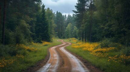 Fototapeta premium A tranquil illustration of a winding pathway through an enchanted forest.