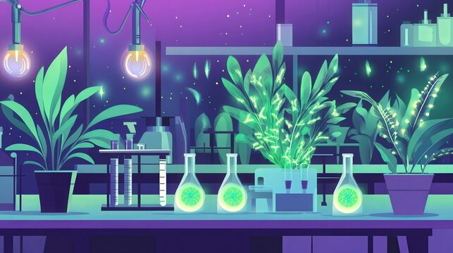 A vibrant laboratory scene with glowing plants and flasks, showcasing a fusion of science and nature in an artistic design.
