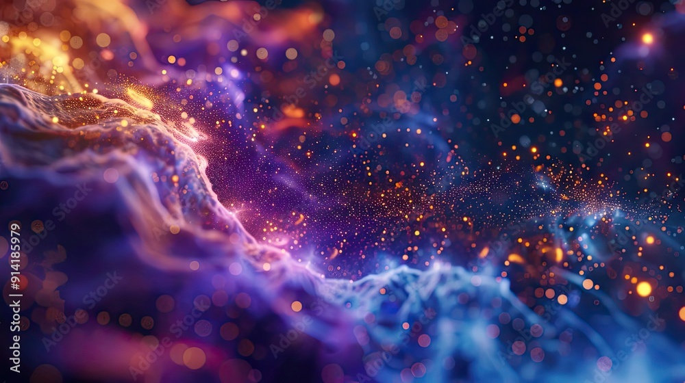 Poster vibrant cosmic background showcasing swirling colors and glowing particles, perfect for abstract and