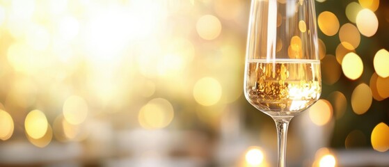 Glass of champagne with golden bokeh background