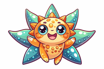 Cute Cartoon Sun Character with Teal Flower Wings