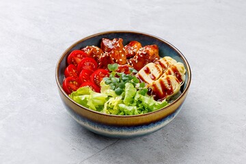 Poke bowl with teriyaki chicken and Japanese omelet