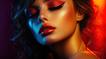 Beauty Woman with Bright Color Makeup Isolated, Vibrant Makeup Look, High-Impact Colorful Cosmetics, Elegant Beauty Portrait, Stunning Makeup Details, High-Quality Makeup Image