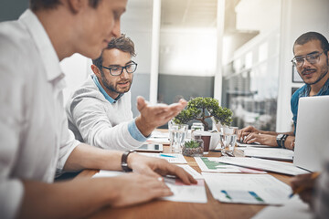 Team, brainstorming and documents for workshop, discussion and business meeting in office. People,...