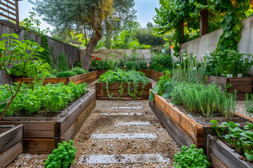 Raided beds in an urban garden growing plants herbs spices and vegetables