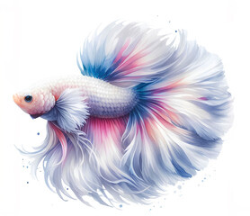 Fototapeta premium Beautiful watercolor painting of a white Siamese fighting fish, also known as a fighting fish.