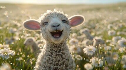 A cheerful lamb stands with its mouth wide open, possibly laughing or bleating, set against a background filled with autumn leaves.