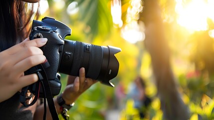 Woman holding a camera at the park, world photographer day concept