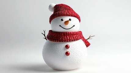 Fototapeta premium Smiling snowman wearing a red hat and scarf on a white background.