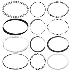 Decorative oval frames. Black and white. Various styles. Vector elements.