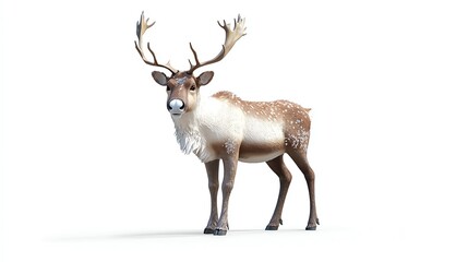 Fototapeta premium A reindeer with large antlers walks on a white background.