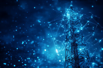 An abstract digital background featuring a 5G tower, highlighted by connecting data points in blue and black colors